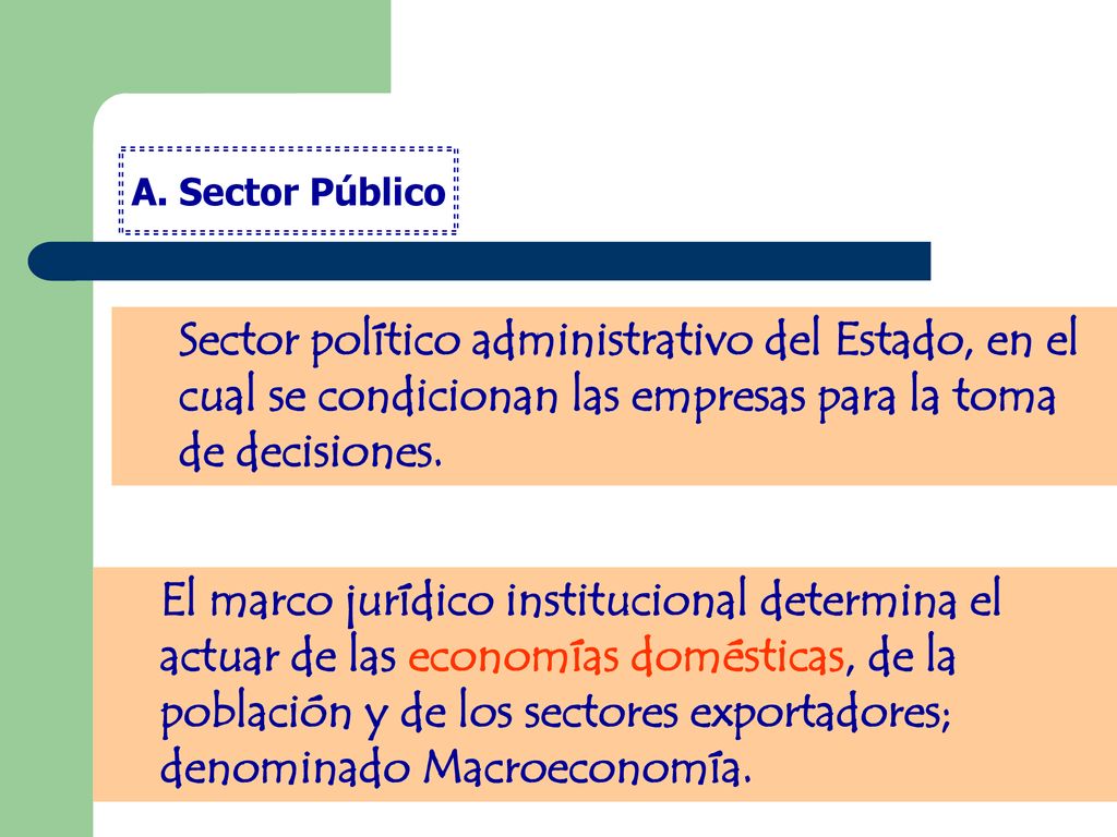 A. Sector Público Sector político administrativo del Estado, en el cual se condicionan las empresas para la toma de decisiones.