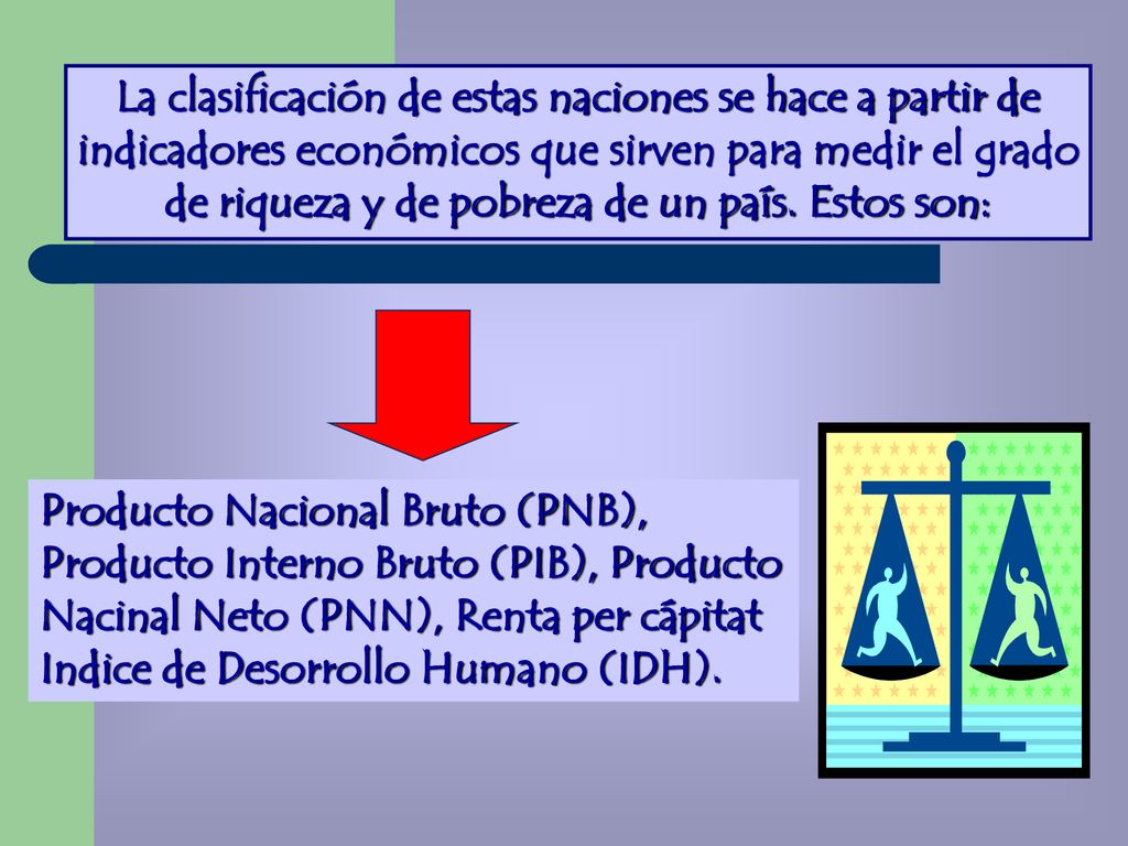 La clasificación de estas naciones se hace a partir de indicadores económicos que sirven para medir el grado de riqueza y de pobreza de un país. Estos son: