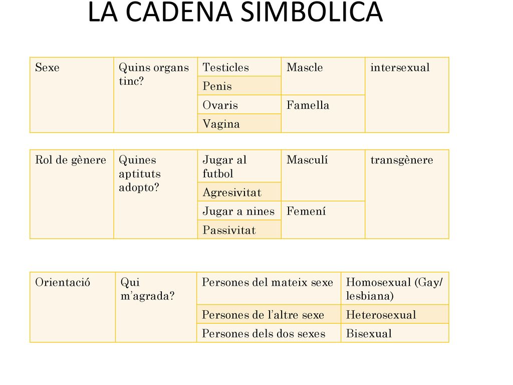 LA CADENA SIMBÒLICA Sexe Quins organs tinc Testicles Mascle
