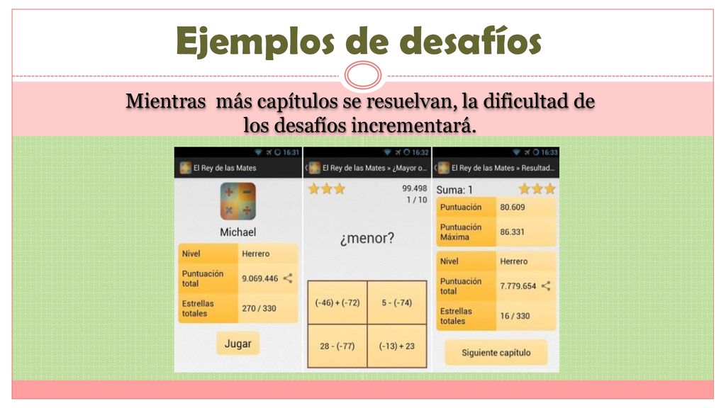 Ejemplos de desafíos Mientras más capítulos se resuelvan, la dificultad de los desafíos incrementará.