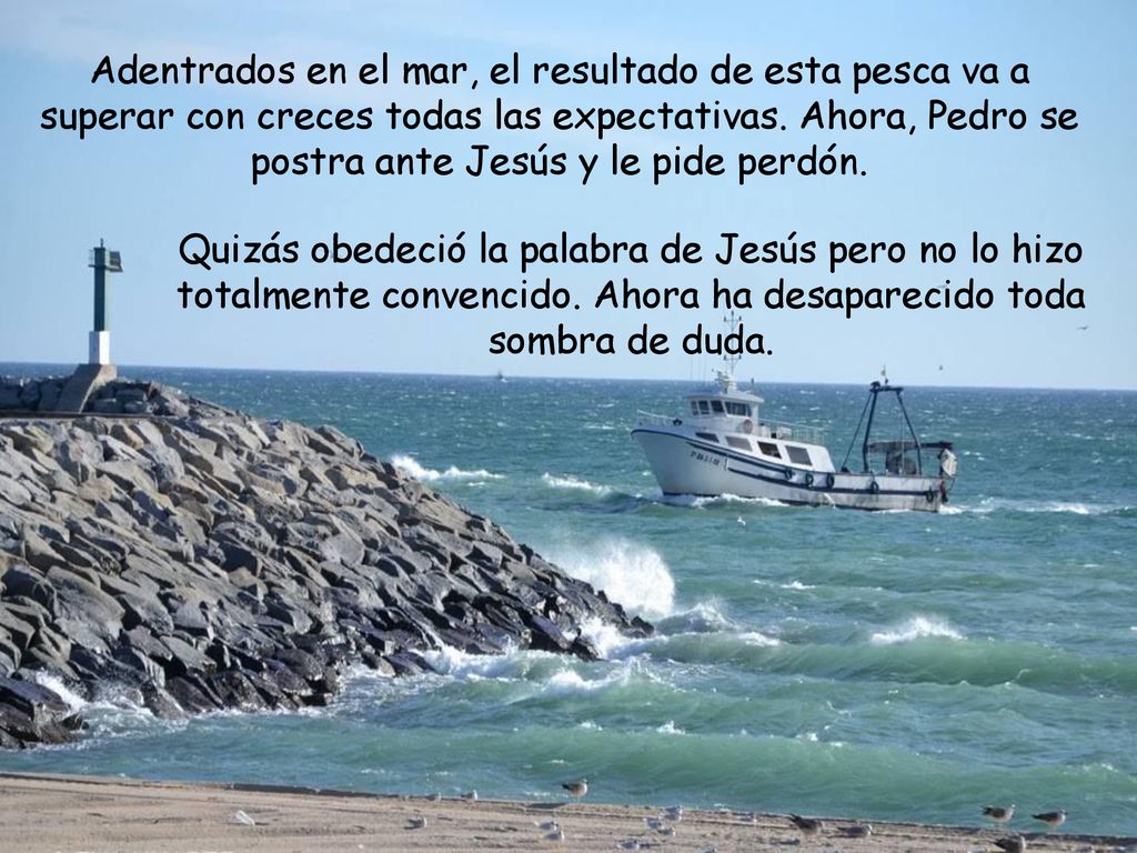 Adentrados en el mar, el resultado de esta pesca va a superar con creces todas las expectativas. Ahora, Pedro se postra ante Jesús y le pide perdón.
