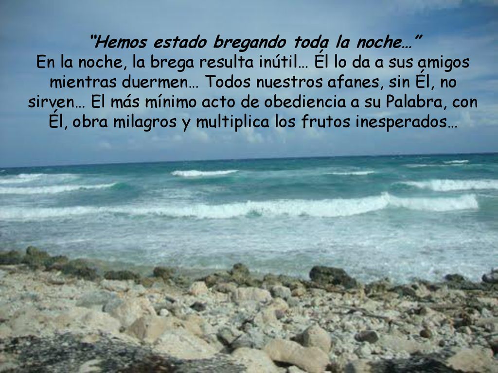 Hemos estado bregando toda la noche… En la noche, la brega resulta inútil… Él lo da a sus amigos mientras duermen… Todos nuestros afanes, sin Él, no sirven… El más mínimo acto de obediencia a su Palabra, con Él, obra milagros y multiplica los frutos inesperados…