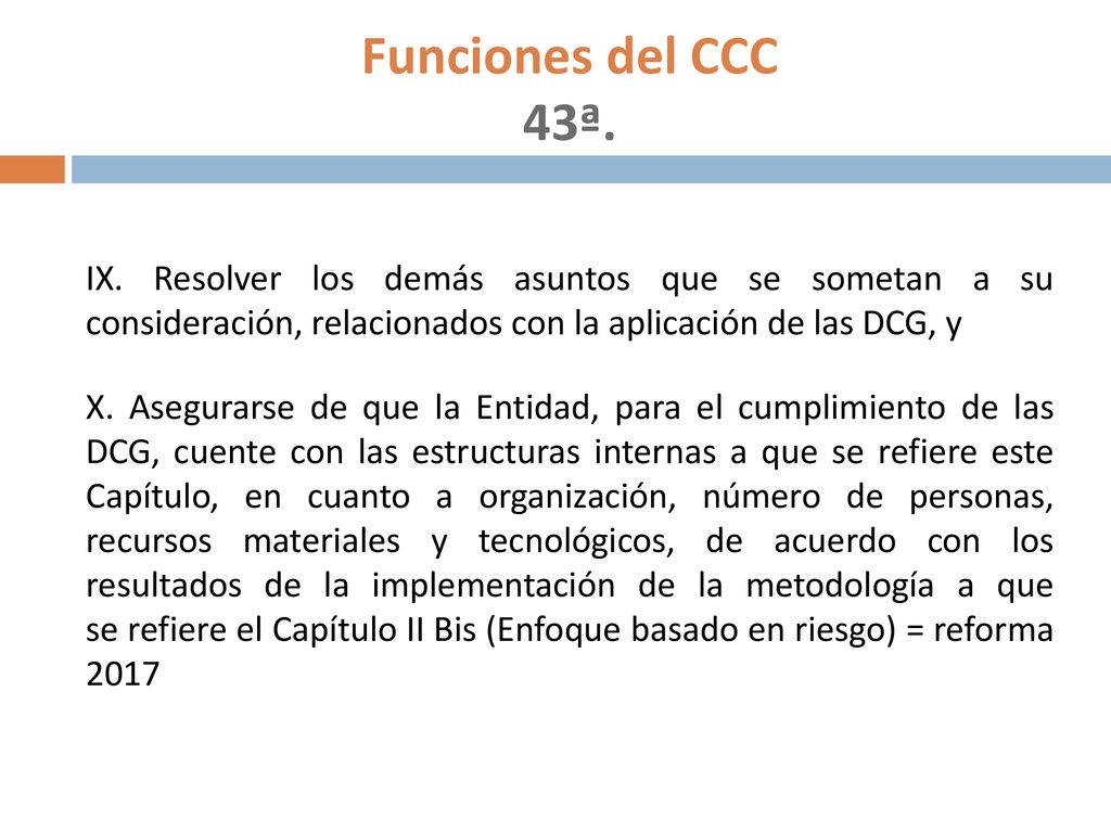 Funciones del CCC 43ª. IX. Resolver los demás asuntos que se sometan a su consideración, relacionados con la aplicación de las DCG, y.