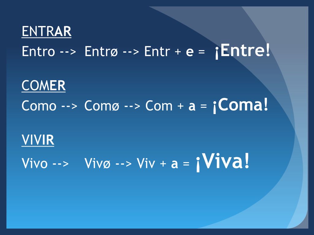 ENTRAR Entro --> Entrø --> Entr + e = ¡Entre. COMER.