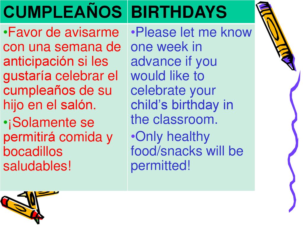 CUMPLEAÑOS BIRTHDAYS. Favor de avisarme con una semana de anticipación si les gustaría celebrar el cumpleaños de su hijo en el salón.