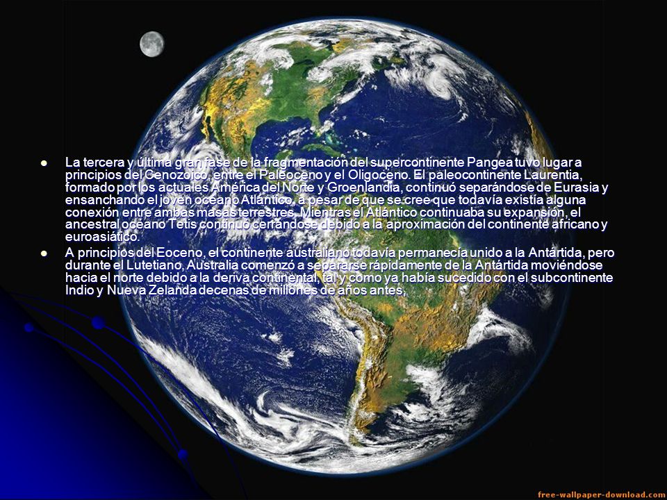 La tercera y última gran fase de la fragmentación del supercontinente Pangea tuvo lugar a principios del Cenozoico, entre el Paleoceno y el Oligoceno. El paleocontinente Laurentia, formado por los actuales América del Norte y Groenlandia, continuó separándose de Eurasia y ensanchando el joven océano Atlántico, a pesar de que se cree que todavía existía alguna conexión entre ambas masas terrestres. Mientras el Atlántico continuaba su expansión, el ancestral océano Tetis continuó cerrándose debido a la aproximación del continente africano y euroasiático.
