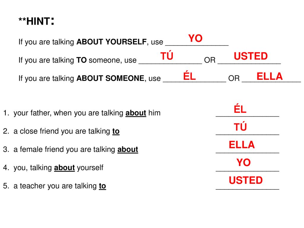 **HINT: YO TÚ USTED ÉL ELLA ÉL TÚ ELLA YO USTED