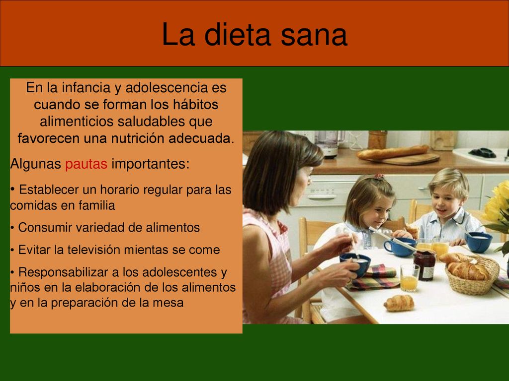 La dieta sana En la infancia y adolescencia es cuando se forman los hábitos alimenticios saludables que favorecen una nutrición adecuada.