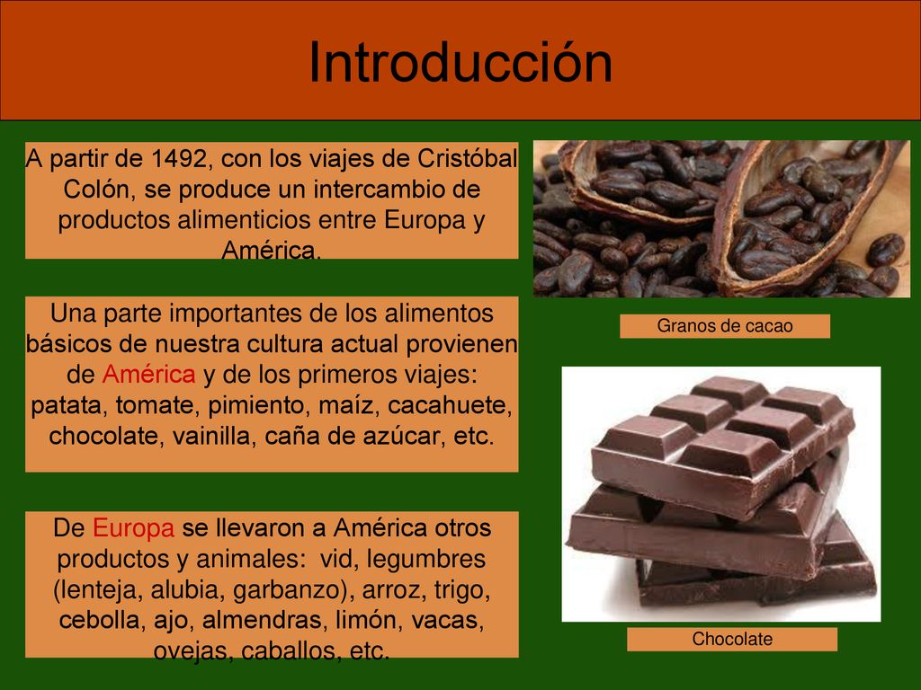 Introducción A partir de 1492, con los viajes de Cristóbal Colón, se produce un intercambio de productos alimenticios entre Europa y América.