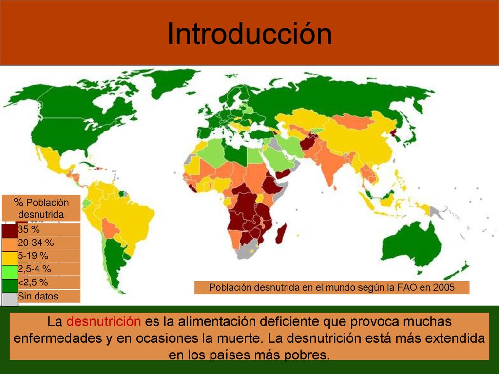 Introducción 35 % % 5-19 % 2,5-4 % <2,5 % Sin datos. % Población desnutrida. Población desnutrida en el mundo según la FAO en