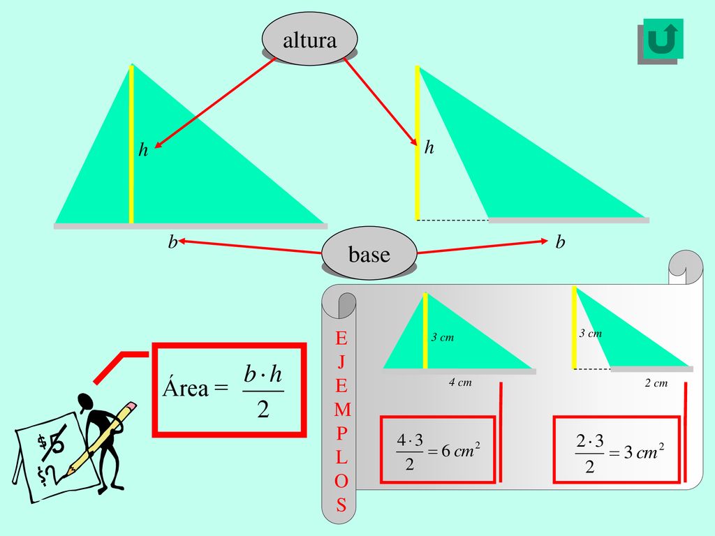 altura h base b 3 cm 4 cm 2 cm E J E MP L OS Área =