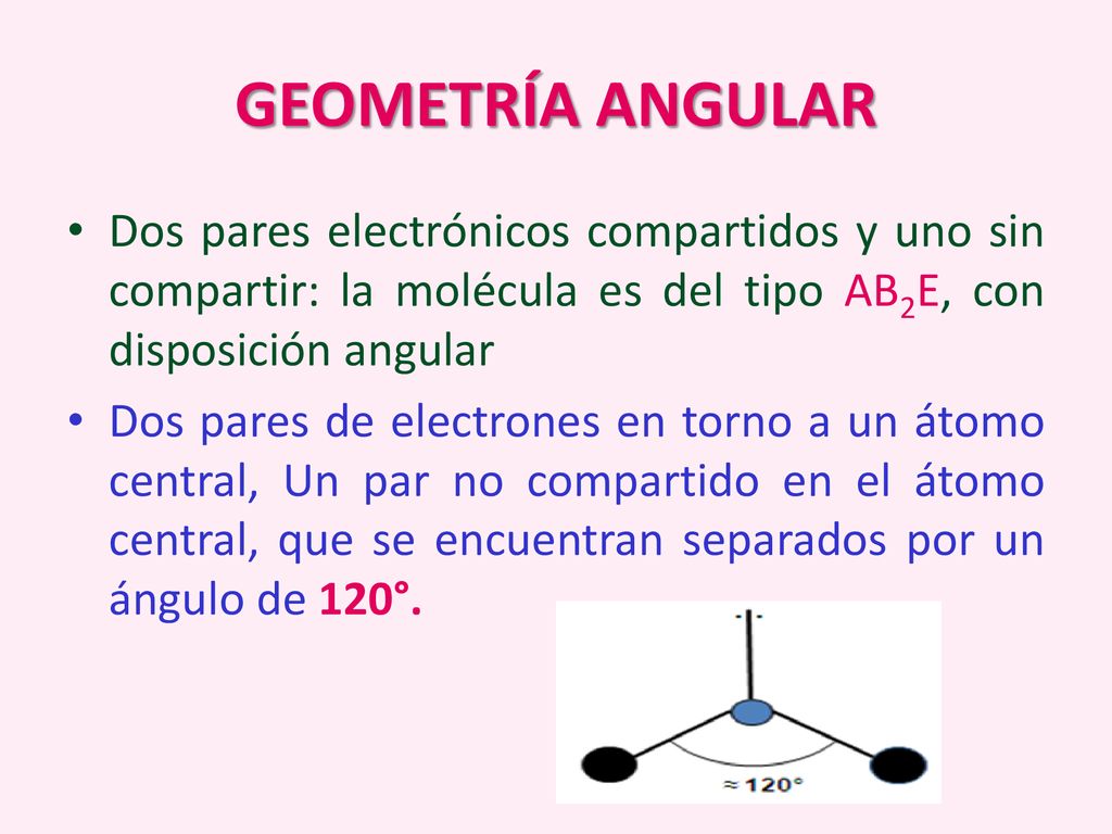 GEOMETRÍA ANGULAR Dos pares electrónicos compartidos y uno sin compartir: la molécula es del tipo AB2E, con disposición angular.