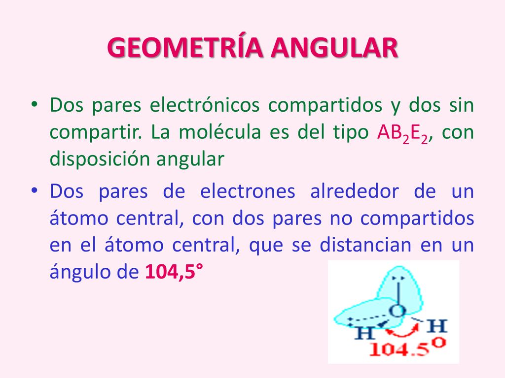 GEOMETRÍA ANGULAR Dos pares electrónicos compartidos y dos sin compartir. La molécula es del tipo AB2E2, con disposición angular.