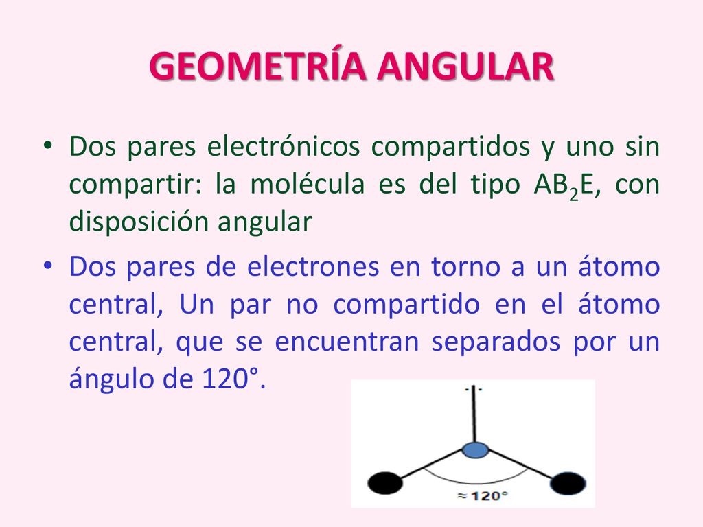 GEOMETRÍA ANGULAR Dos pares electrónicos compartidos y uno sin compartir: la molécula es del tipo AB2E, con disposición angular.