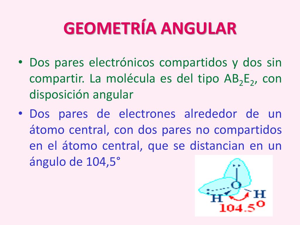 GEOMETRÍA ANGULAR Dos pares electrónicos compartidos y dos sin compartir. La molécula es del tipo AB2E2, con disposición angular.