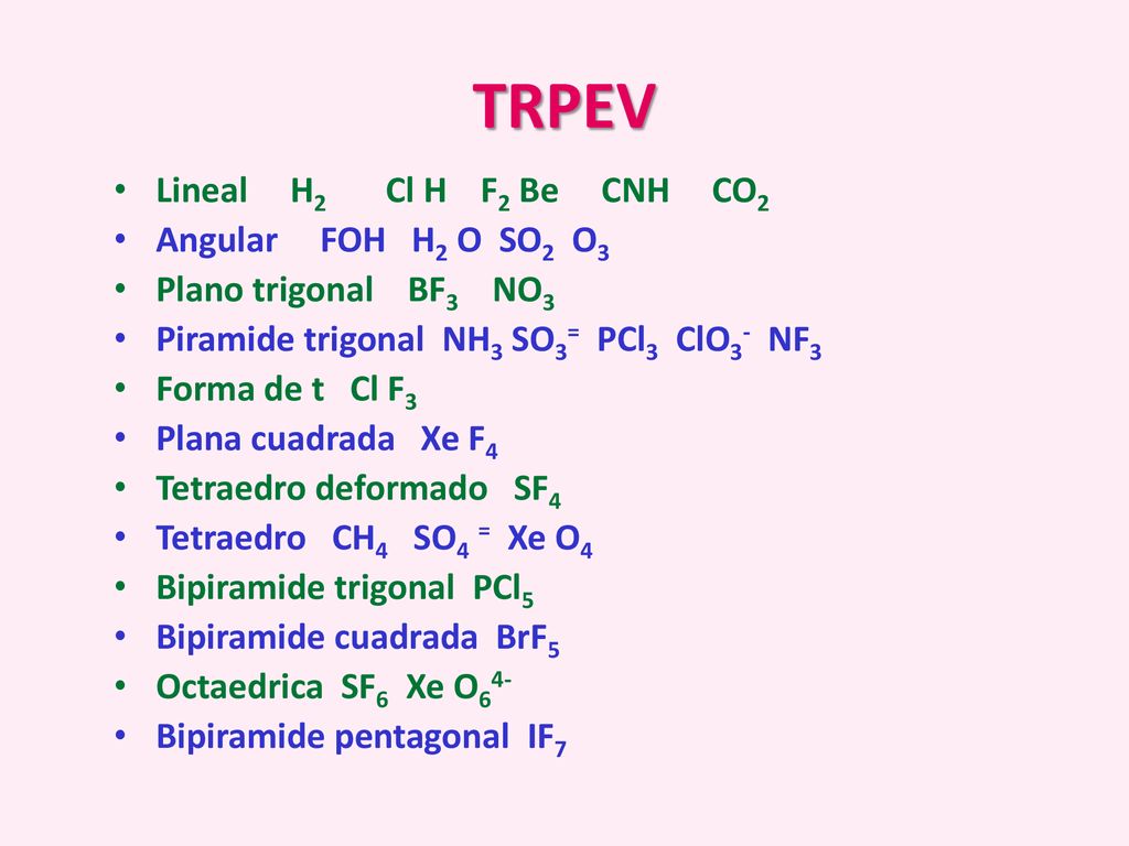 TRPEV Lineal H2 Cl H F2 Be CNH CO2 Angular FOH H2 O SO2 O3