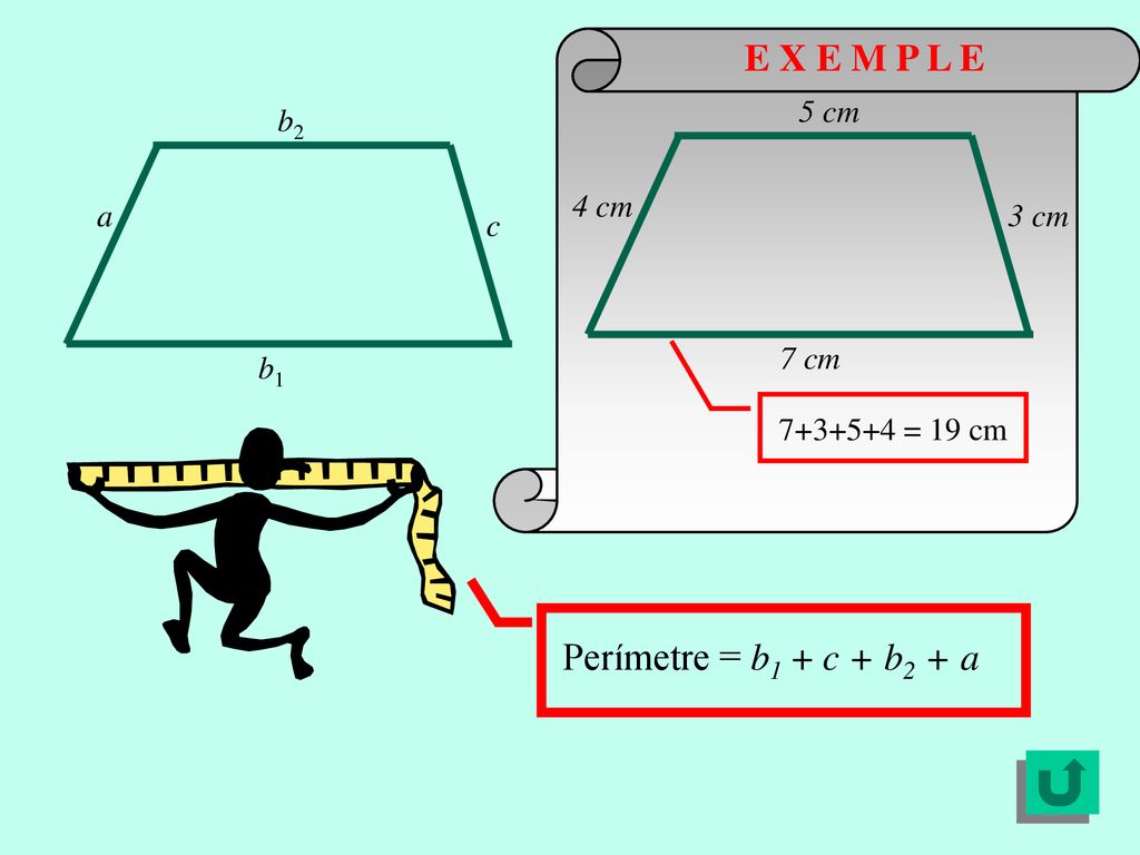 E X E M P L E Perímetre = b1 + c + b2 + a 4 cm 5 cm 7 cm 3 cm b2 a c