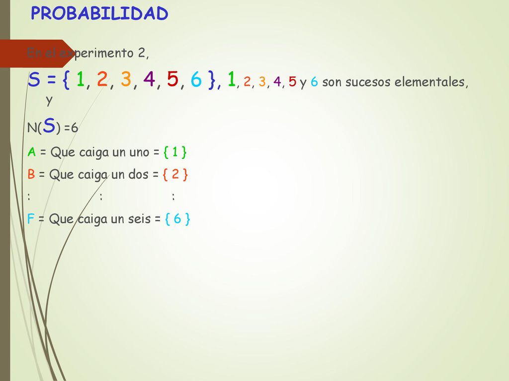 S = { 1, 2, 3, 4, 5, 6 }, 1, 2, 3, 4, 5 y 6 son sucesos elementales, y