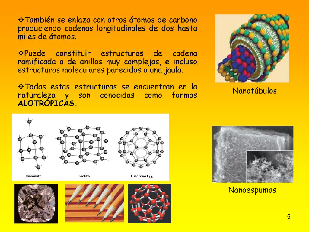 También se enlaza con otros átomos de carbono produciendo cadenas longitudinales de dos hasta miles de átomos.