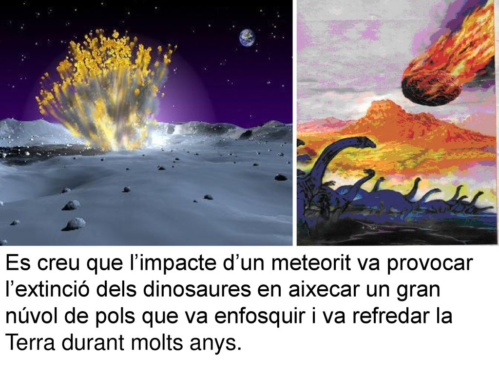 Es creu que l’impacte d’un meteorit va provocar l’extinció dels dinosaures en aixecar un gran núvol de pols que va enfosquir i va refredar la Terra durant molts anys.