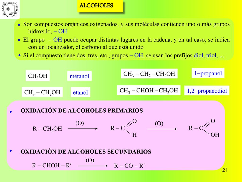 ALCOHOLES  Son compuestos orgánicos oxigenados, y sus moléculas contienen uno o más grupos hidroxilo, - OH.