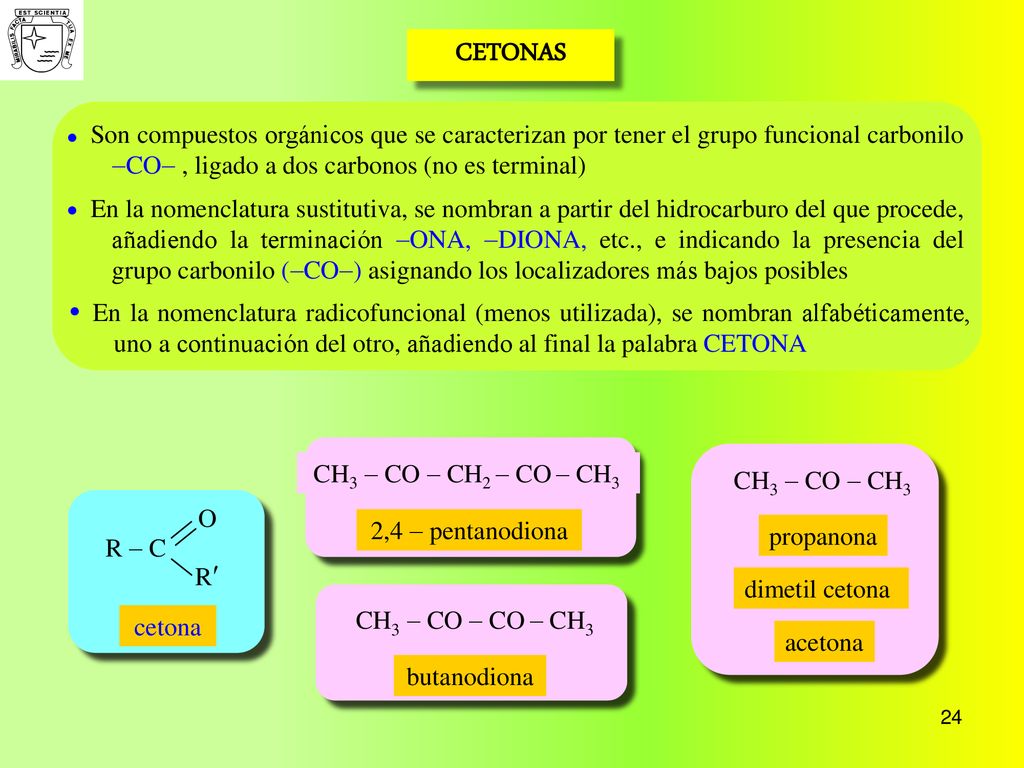 CETONAS  Son compuestos orgánicos que se caracterizan por tener el grupo funcional carbonilo -CO- , ligado a dos carbonos (no es terminal)