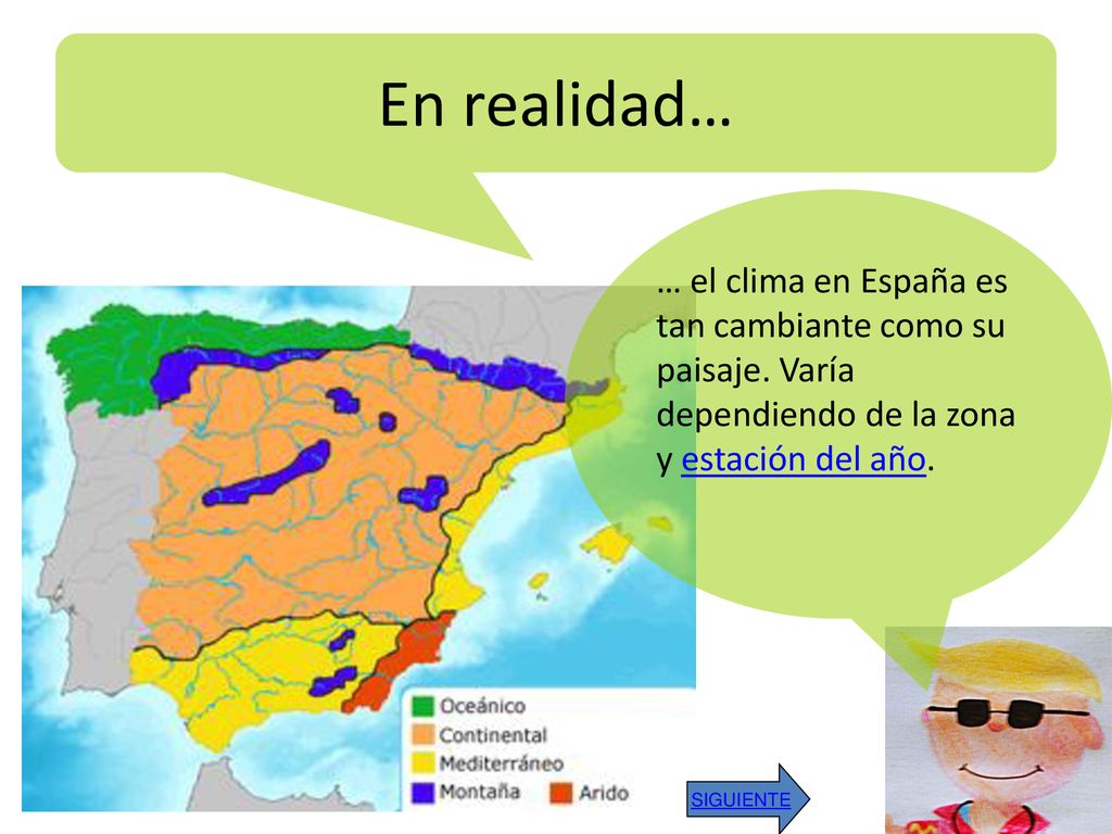 En realidad… … el clima en España es tan cambiante como su paisaje. Varía dependiendo de la zona y estación del año.