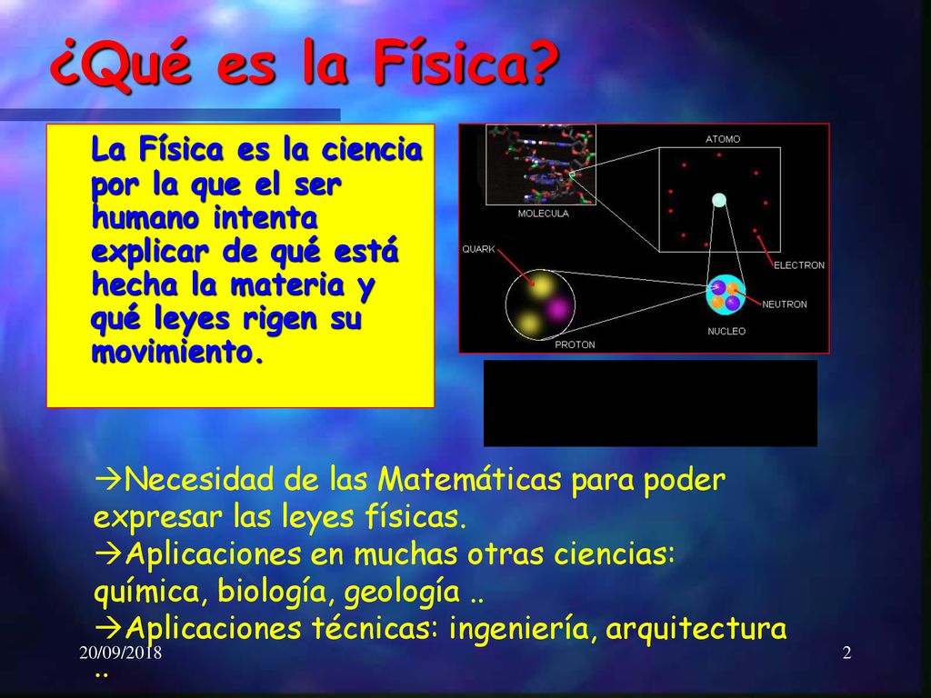 ¿Qué es la Física La Física es la ciencia por la que el ser humano intenta explicar de qué está hecha la materia y qué leyes rigen su movimiento.
