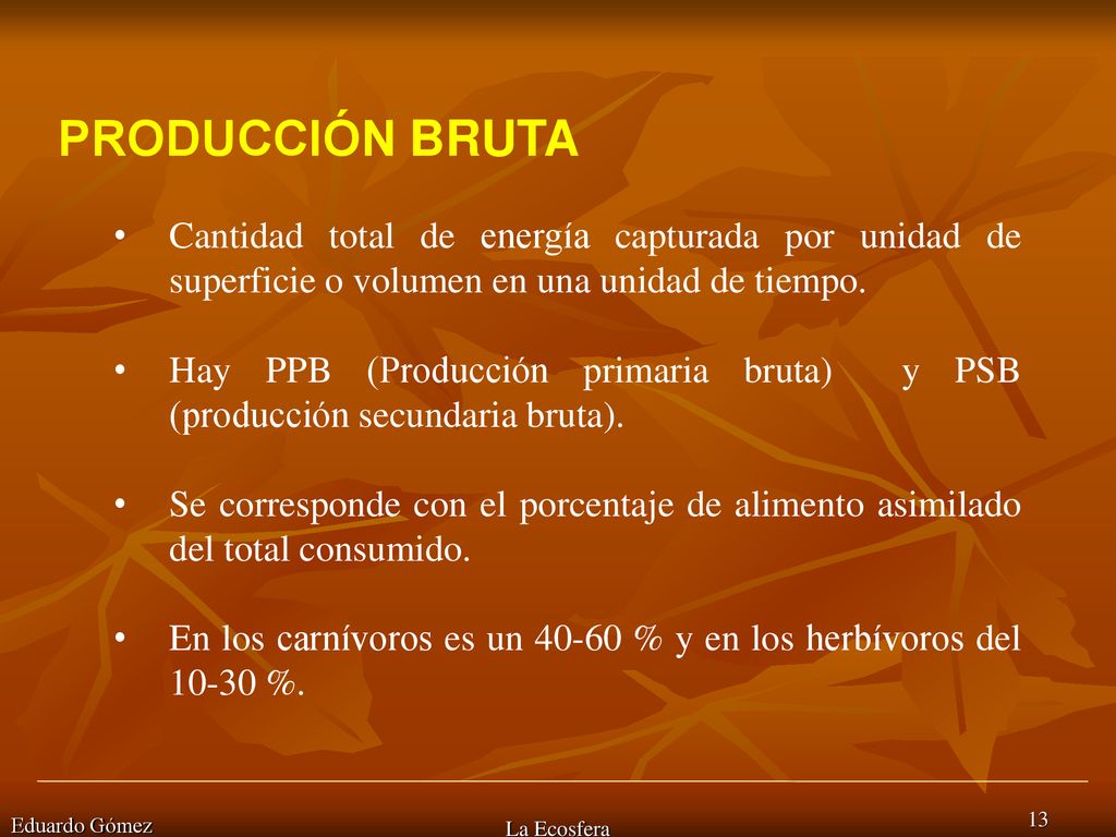 PRODUCCIÓN BRUTA Cantidad total de energía capturada por unidad de superficie o volumen en una unidad de tiempo.