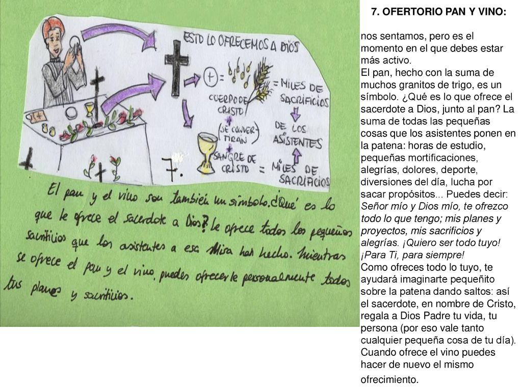 7. OFERTORIO PAN Y VINO: nos sentamos, pero es el momento en el que debes estar más activo.