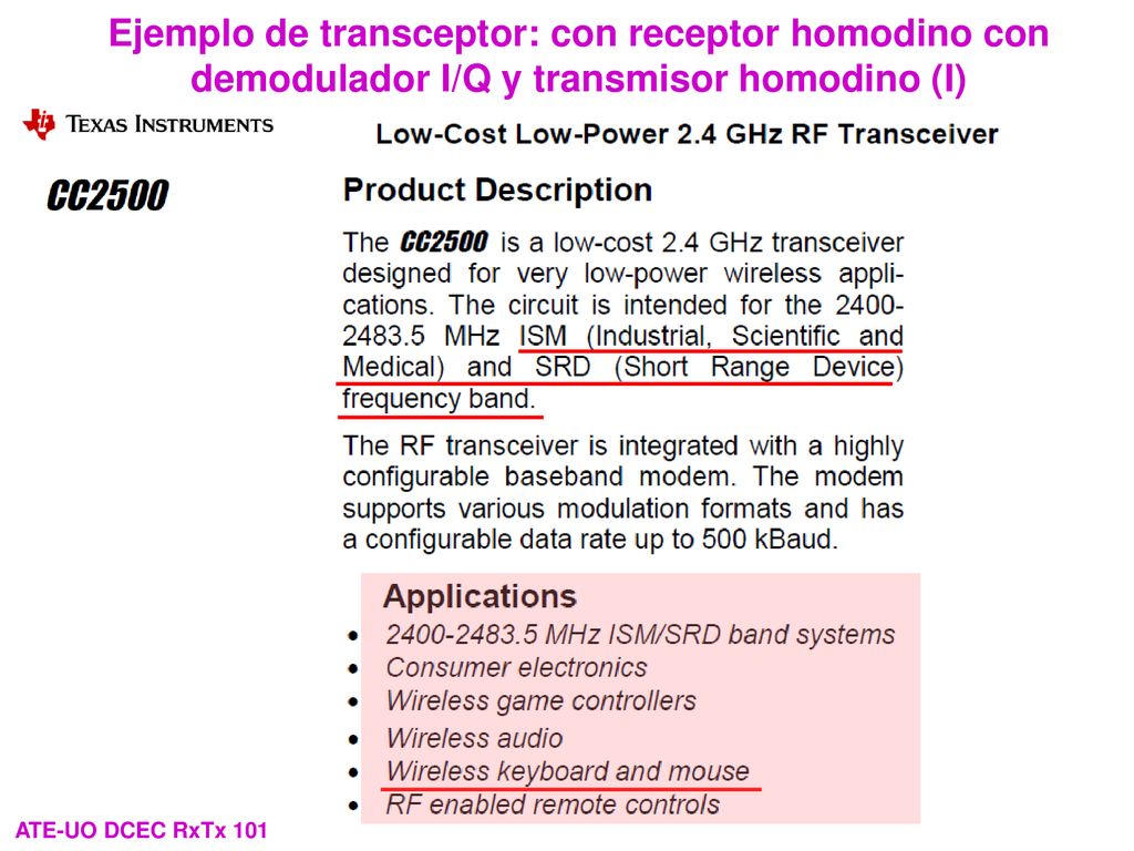 Ejemplo de transceptor: con receptor homodino con demodulador I/Q y transmisor homodino (I)