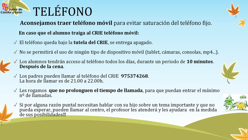 TELÉFONO Aconsejamos traer teléfono móvil para evitar saturación del teléfono fijo. En caso que el alumno traiga al CRIE teléfono móvil: