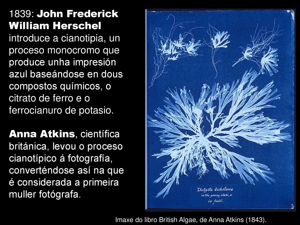 1839: John Frederick William Herschel introduce a cianotipia, un proceso monocromo que produce unha impresión azul baseándose en dous compostos químicos, o citrato de ferro e o ferrocianuro de potasio.