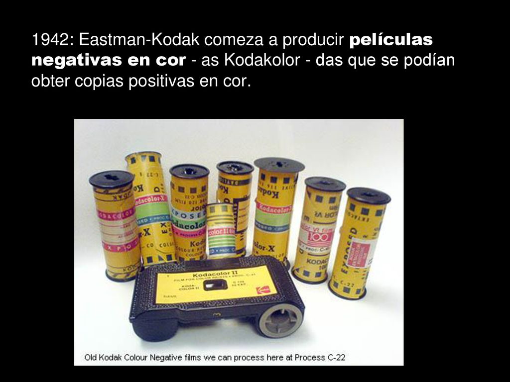 1942: Eastman-Kodak comeza a producir películas negativas en cor - as Kodakolor - das que se podían obter copias positivas en cor.