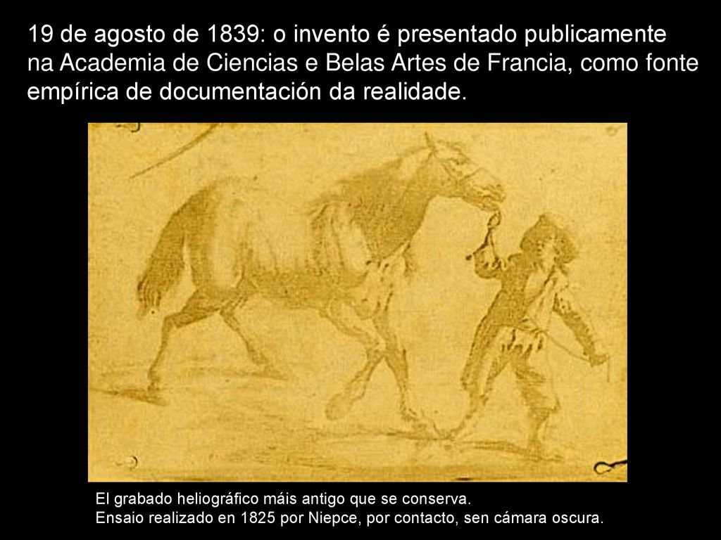 19 de agosto de 1839: o invento é presentado publicamente na Academia de Ciencias e Belas Artes de Francia, como fonte empírica de documentación da realidade.