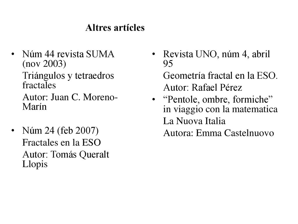 Altres artícles Núm 44 revista SUMA (nov 2003) Triángulos y tetraedros fractales. Autor: Juan C. Moreno-Marín.