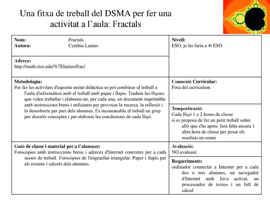 Una fitxa de treball del DSMA per fer una activitat a l’aula: Fractals