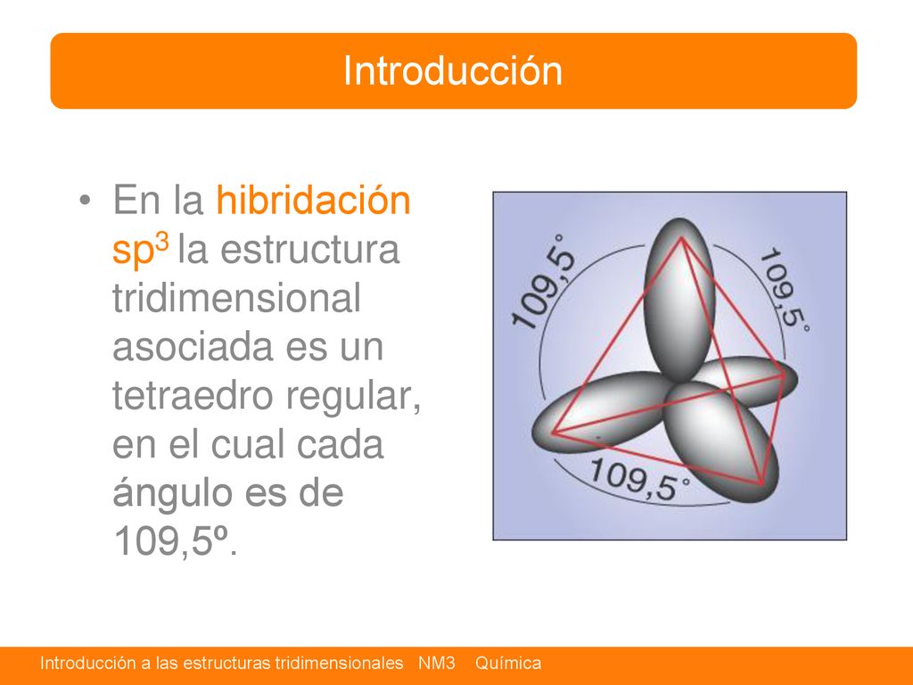 Introducción En la hibridación sp3 la estructura tridimensional asociada es un tetraedro regular, en el cual cada ángulo es de 109,5º.
