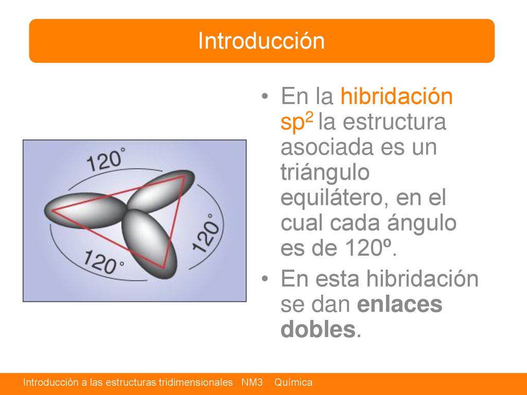 Introducción En la hibridación sp2 la estructura asociada es un triángulo equilátero, en el cual cada ángulo es de 120º.