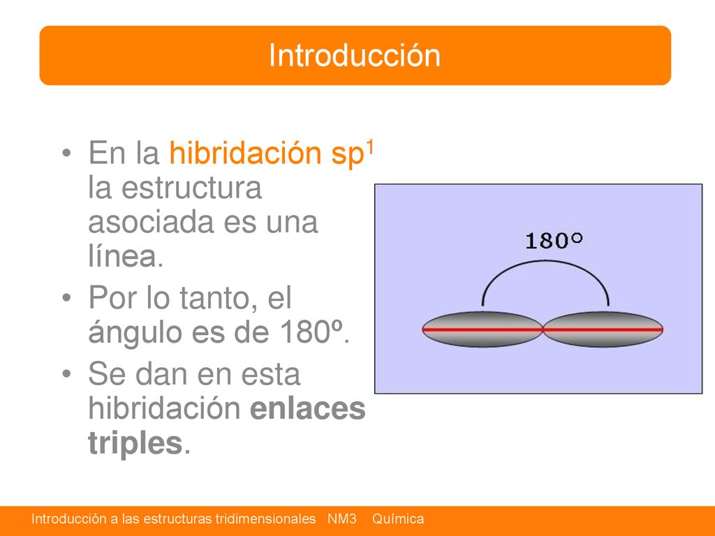 Introducción En la hibridación sp1 la estructura asociada es una línea. Por lo tanto, el ángulo es de 180º.