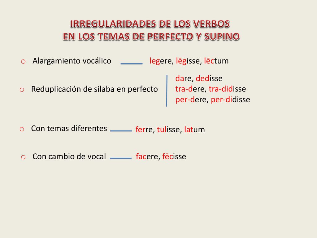 IRREGULARIDADES DE LOS VERBOS EN LOS TEMAS DE PERFECTO Y SUPINO
