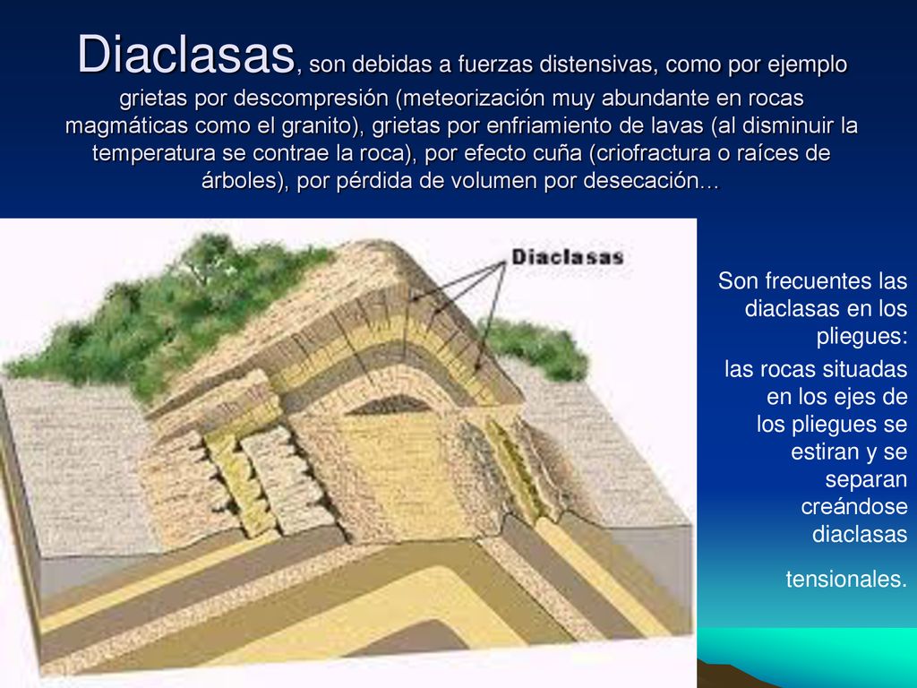 Diaclasas, son debidas a fuerzas distensivas, como por ejemplo grietas por descompresión (meteorización muy abundante en rocas magmáticas como el granito), grietas por enfriamiento de lavas (al disminuir la temperatura se contrae la roca), por efecto cuña (criofractura o raíces de árboles), por pérdida de volumen por desecación…