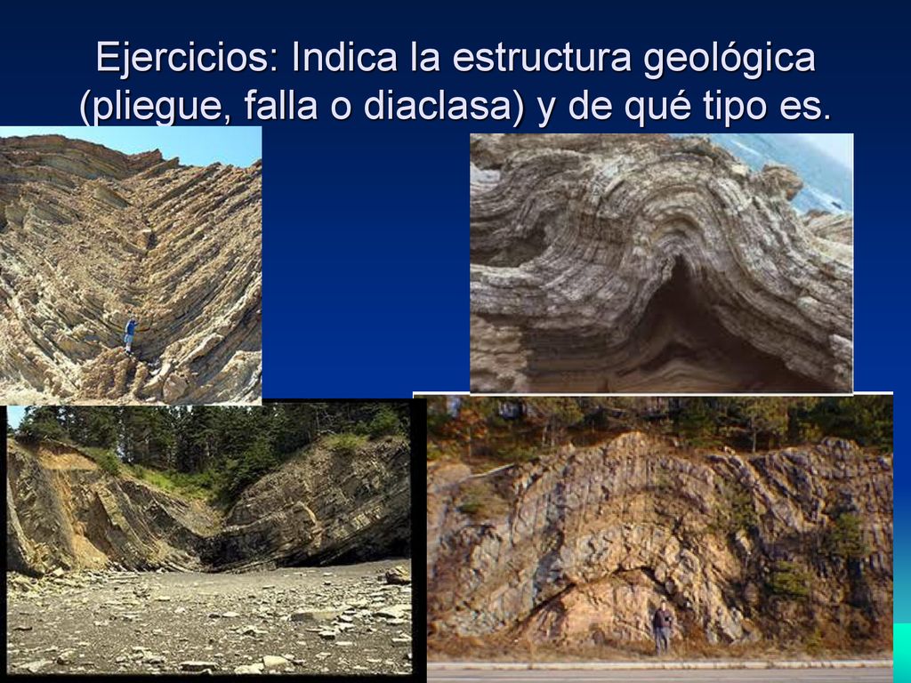 Ejercicios: Indica la estructura geológica (pliegue, falla o diaclasa) y de qué tipo es.