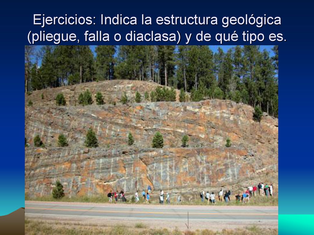 Ejercicios: Indica la estructura geológica (pliegue, falla o diaclasa) y de qué tipo es.