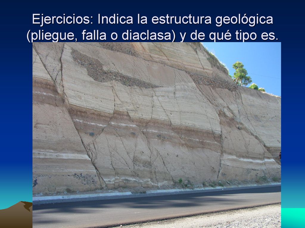 Ejercicios: Indica la estructura geológica (pliegue, falla o diaclasa) y de qué tipo es.
