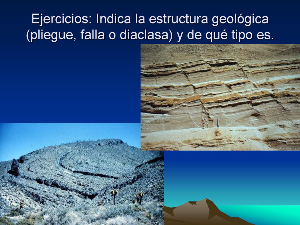 Ejercicios: Indica la estructura geológica (pliegue, falla o diaclasa) y de qué tipo es.
