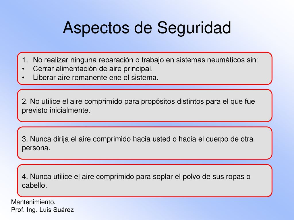 Aspectos de Seguridad No realizar ninguna reparación o trabajo en sistemas neumáticos sin: Cerrar alimentación de aire principal.