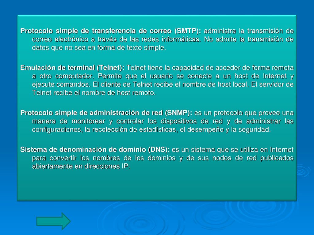 Protocolo simple de transferencia de correo (SMTP): administra la transmisión de correo electrónico a través de las redes informáticas.