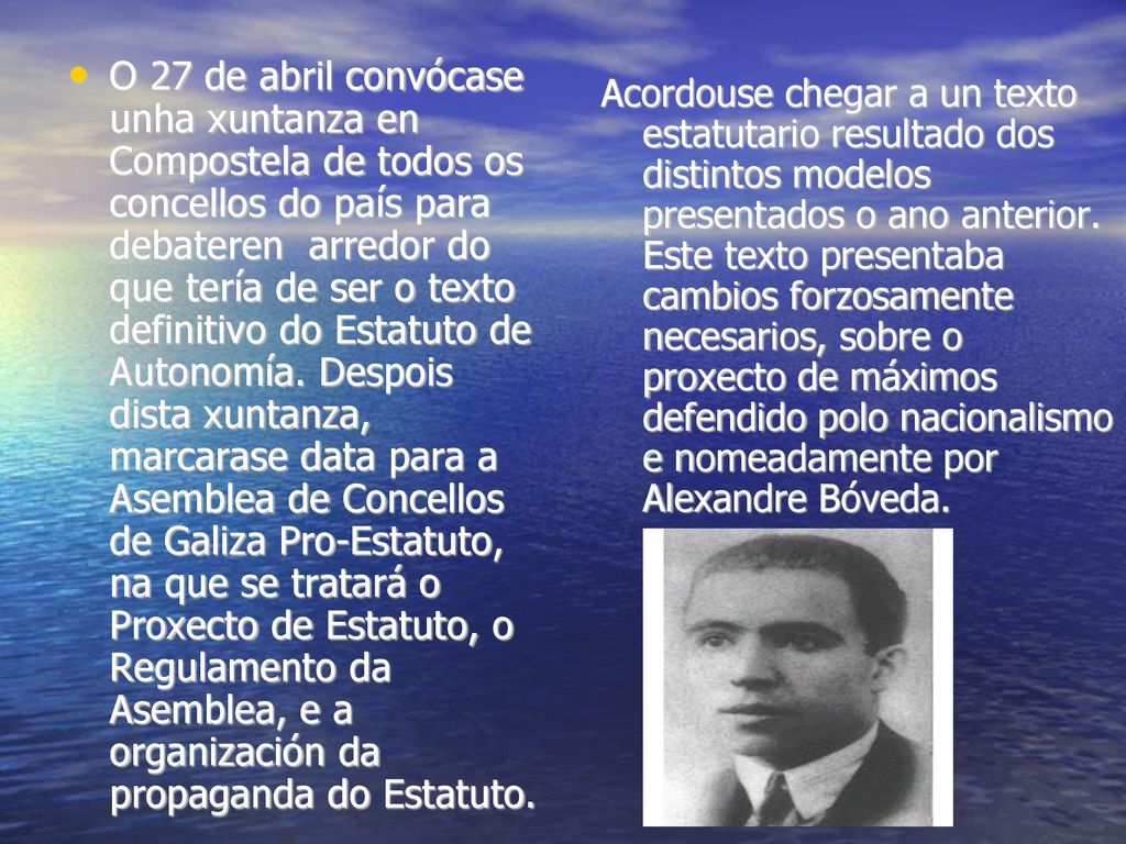 O 27 de abril convócase unha xuntanza en Compostela de todos os concellos do país para debateren arredor do que tería de ser o texto definitivo do Estatuto de Autonomía. Despois dista xuntanza, marcarase data para a Asemblea de Concellos de Galiza Pro-Estatuto, na que se tratará o Proxecto de Estatuto, o Regulamento da Asemblea, e a organización da propaganda do Estatuto.