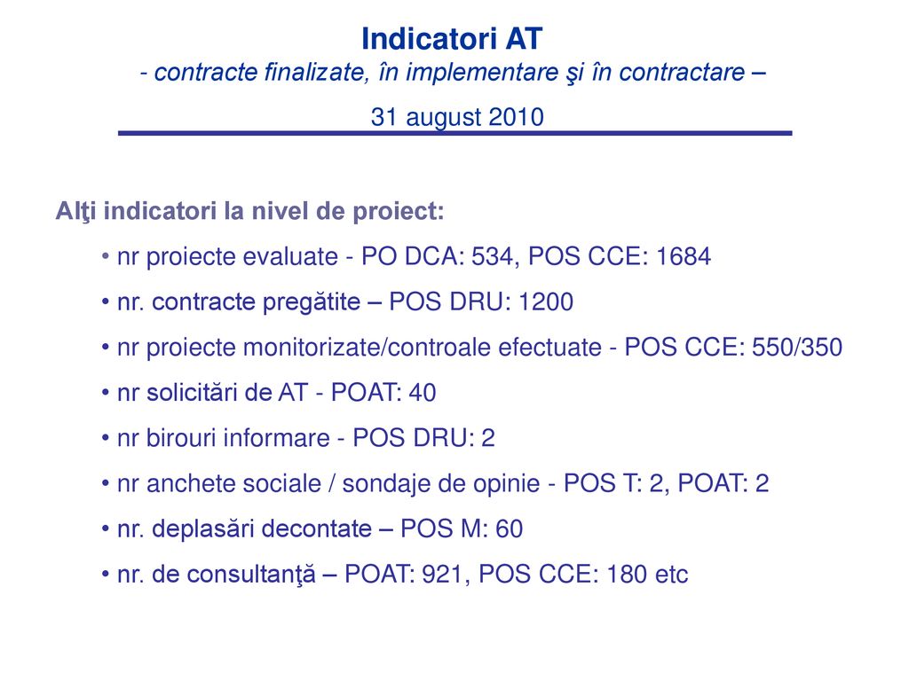 Indicatori AT - contracte finalizate, în implementare şi în contractare – 31 august 2010